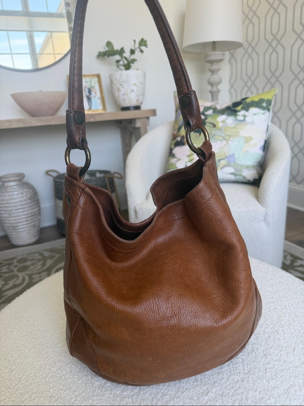 Frye Melissa Leather Hobo Shoulder Bag Cognac Brown Slouchy Large Purse